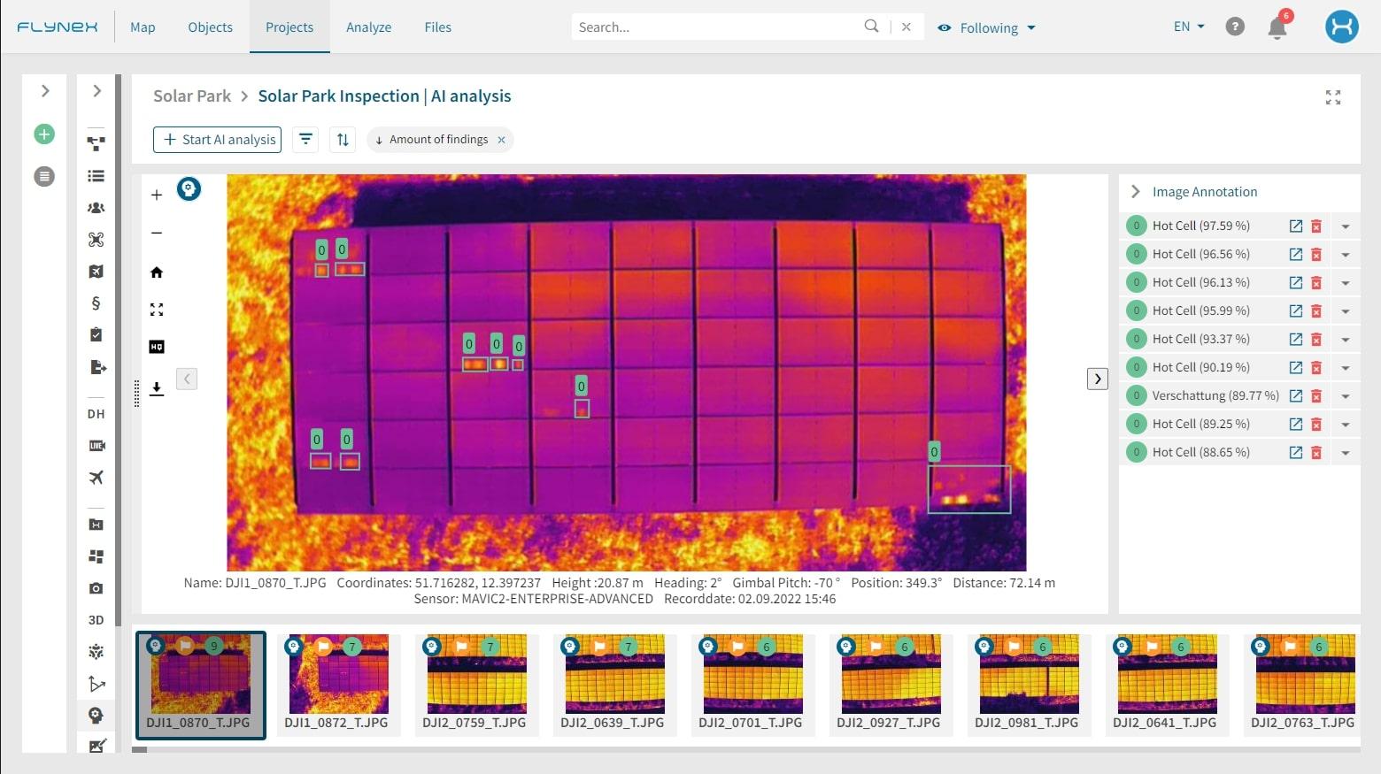 Automated AI image analysis of hot cells and shading on solar panels