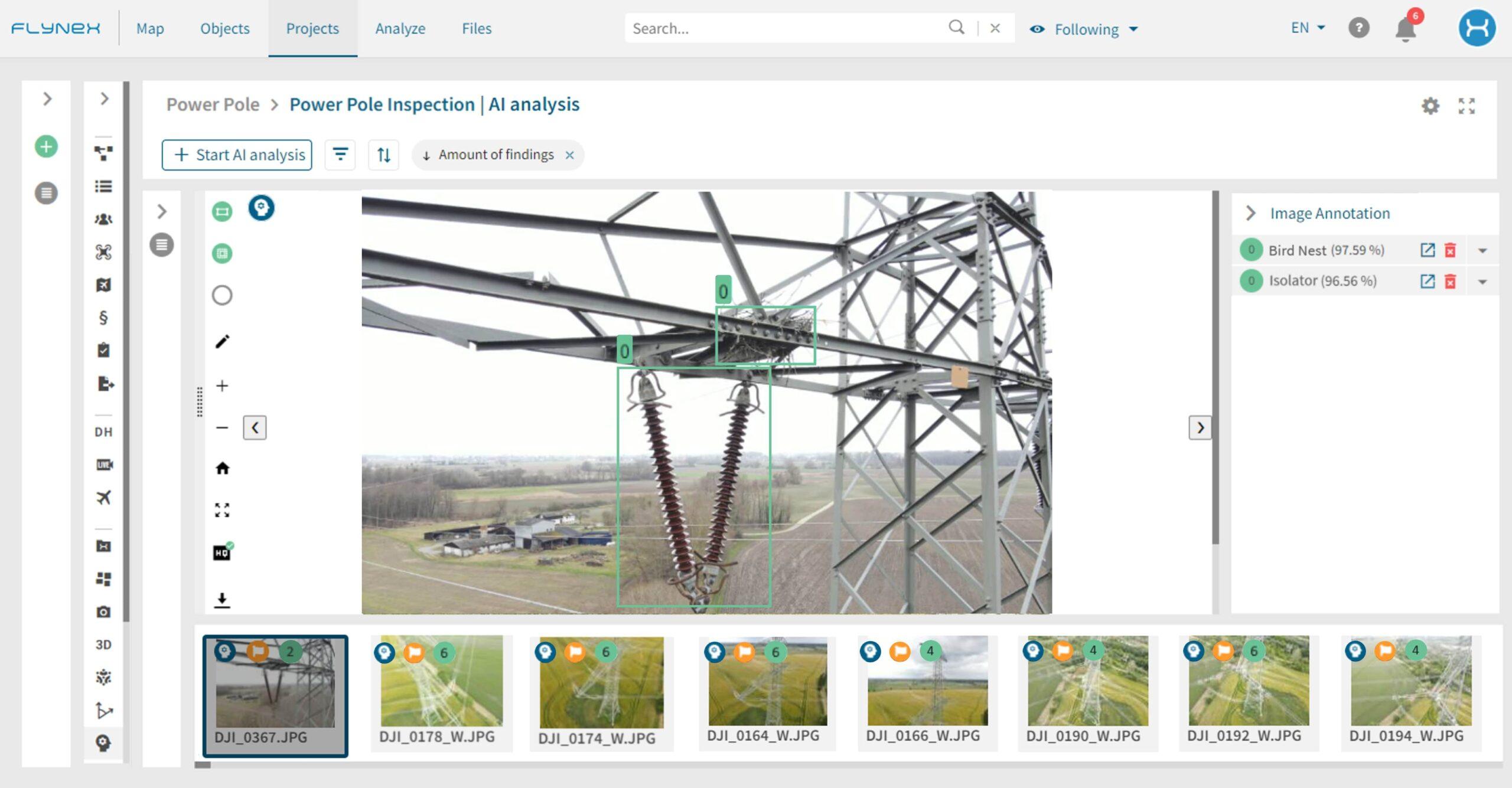 Automated AI image analysis of insulators and bird nests on power poles.